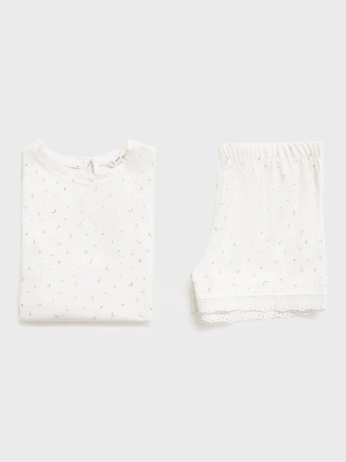 Product image 5 of 5, which shows Mango Kids' Cotton Floral Short Pyjama Set, Natural White, 12-18 months