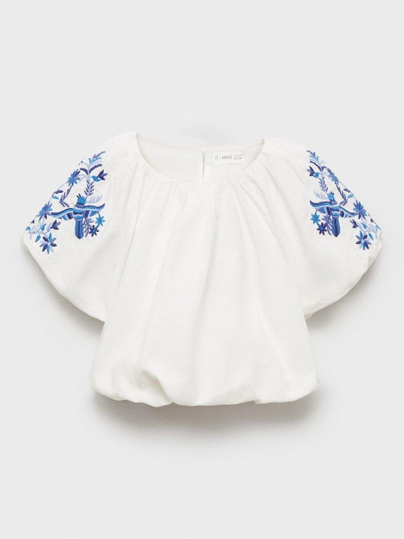 Mango Kids' Rita Cotton Blend Embroidered Puff Sleeve Blouse, White
