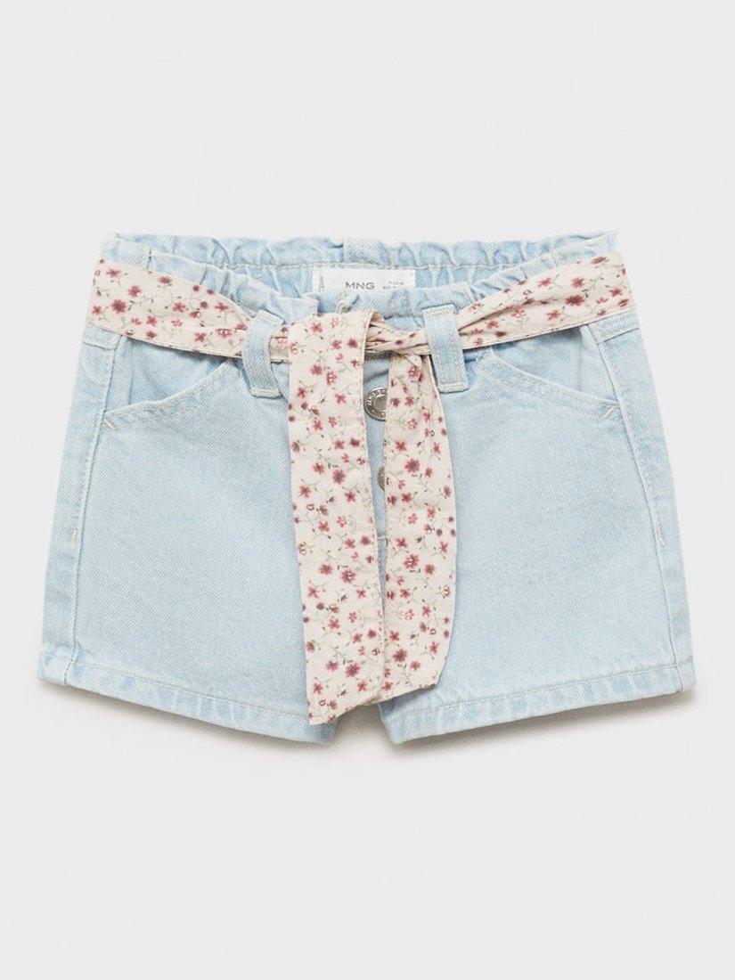 Product image 2 of 6, which shows Mango Kids' Galab Printed Ribbon Denim Shorts, Open Blue, 12-18 months