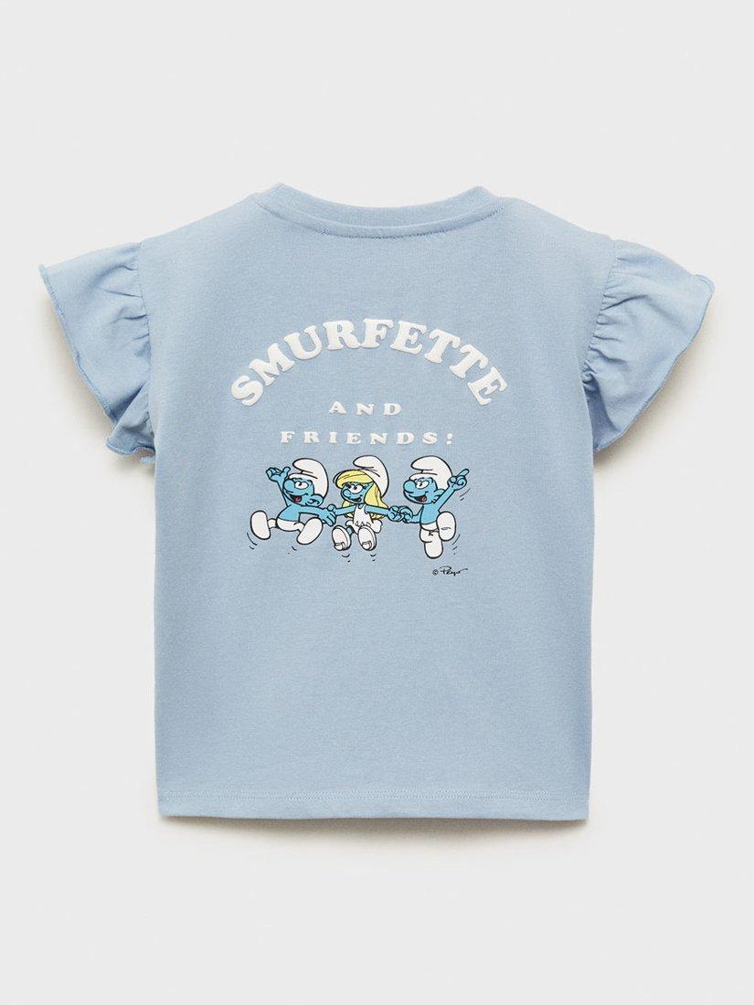 Product image 2 of 4, which shows Mango Kids' Cotton Smurf Print T-Shirt, Medium Blue, 12-18 months