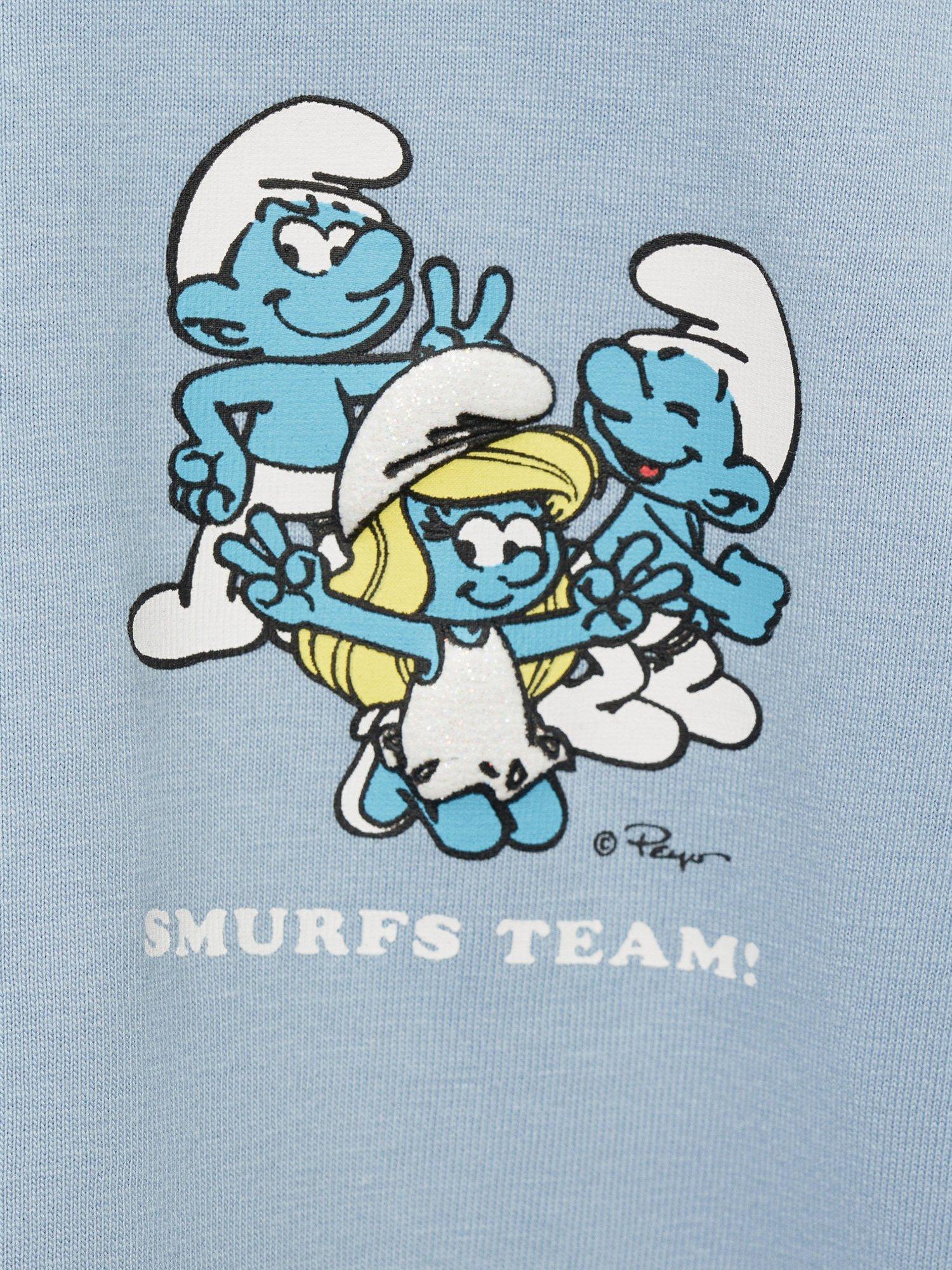Product image 4 of 4, which shows Mango Kids' Cotton Smurf Print T-Shirt, Medium Blue, 12-18 months
