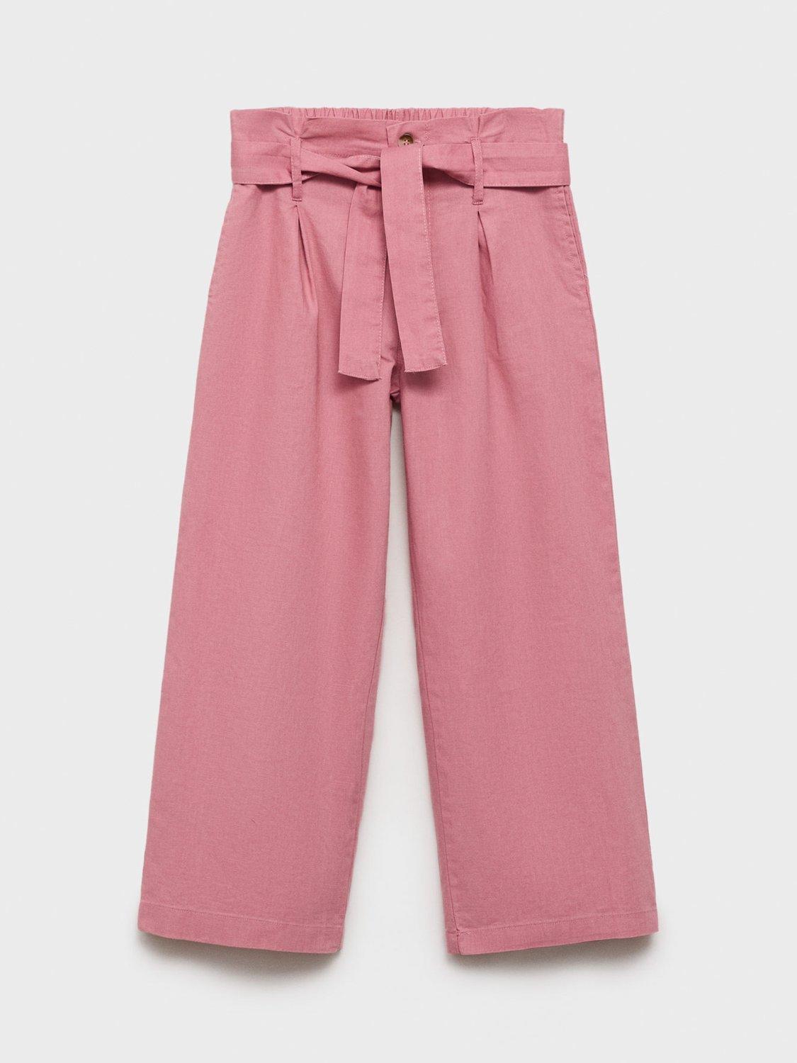 Product image 1 of 4, which shows Mango Kids' Cotta Linen Blend Palazzo Trousers, Pink, 11-12 years