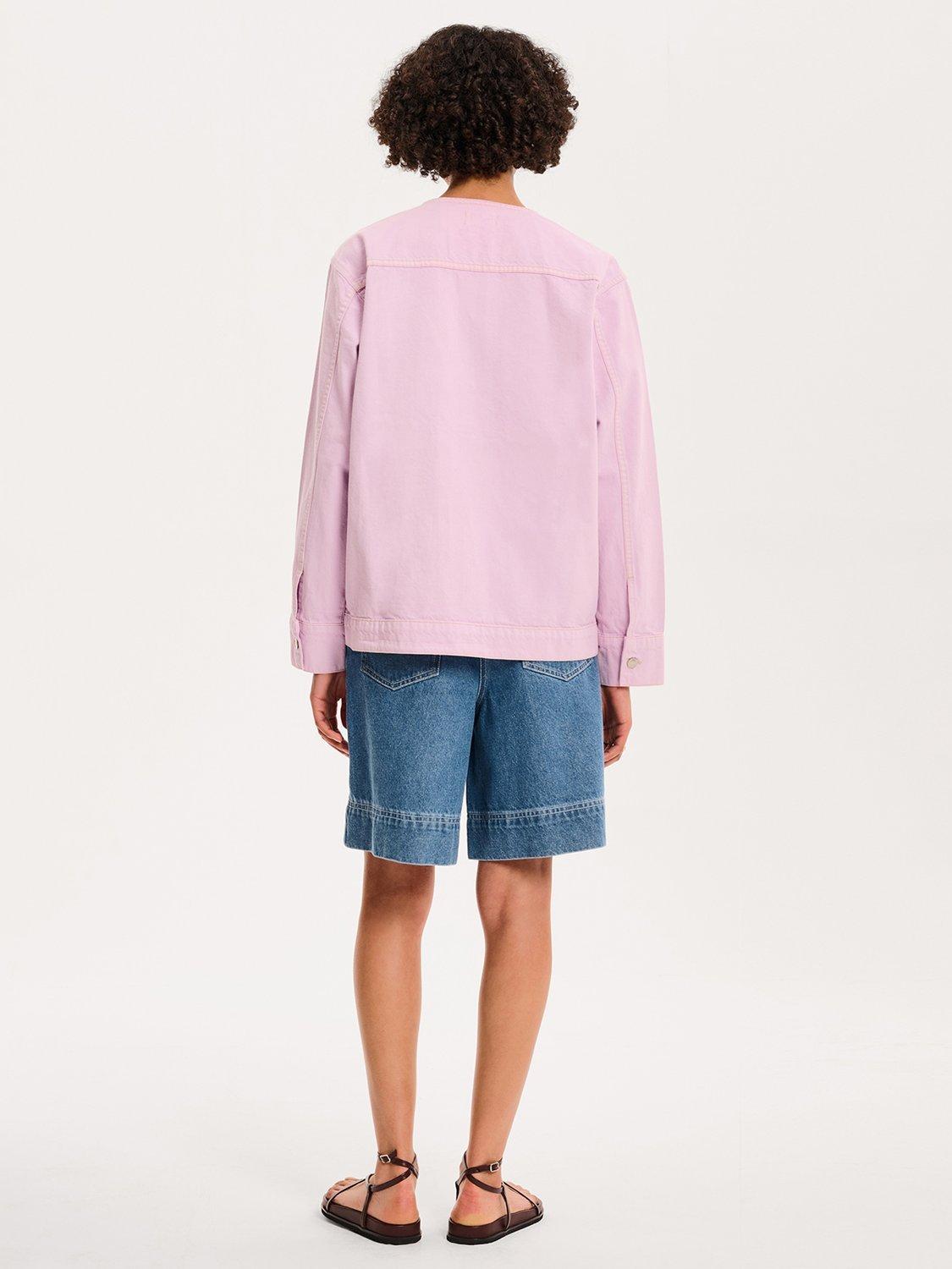 Product image 2 of 5, which shows OMNES Wilona Collarless Denim Jacket, Lilac, 6