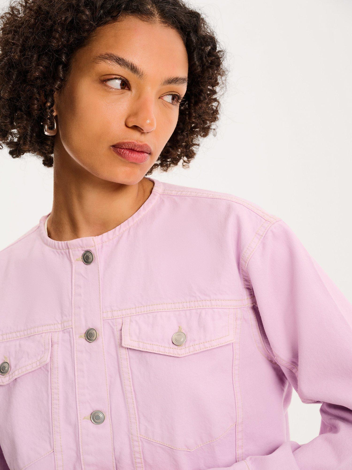 Product image 4 of 5, which shows OMNES Wilona Collarless Denim Jacket, Lilac, 6
