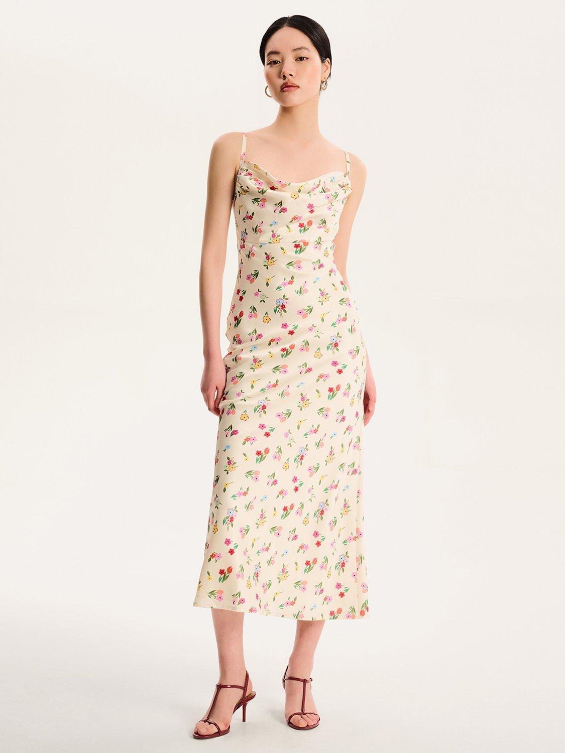 Product image 1 of 5, which shows OMNES Belle Cowl Neck Floral Satin Dress, Yellow/Multi, 4