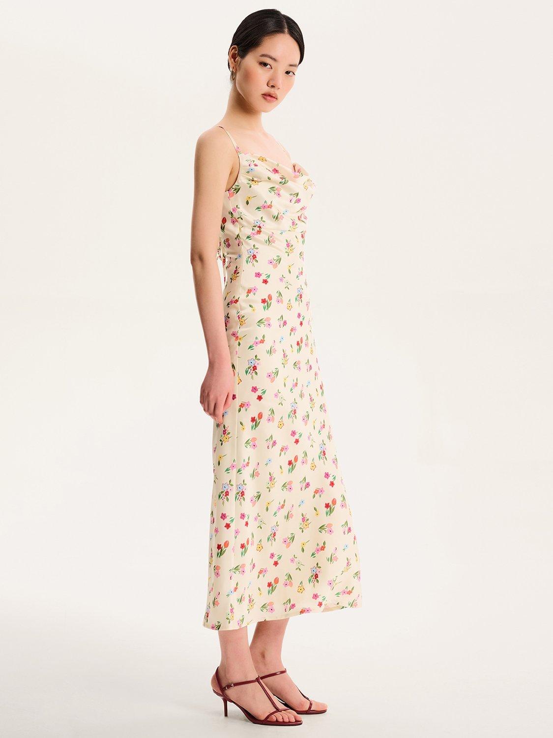 Product image 2 of 5, which shows OMNES Belle Cowl Neck Floral Satin Dress, Yellow/Multi, 4