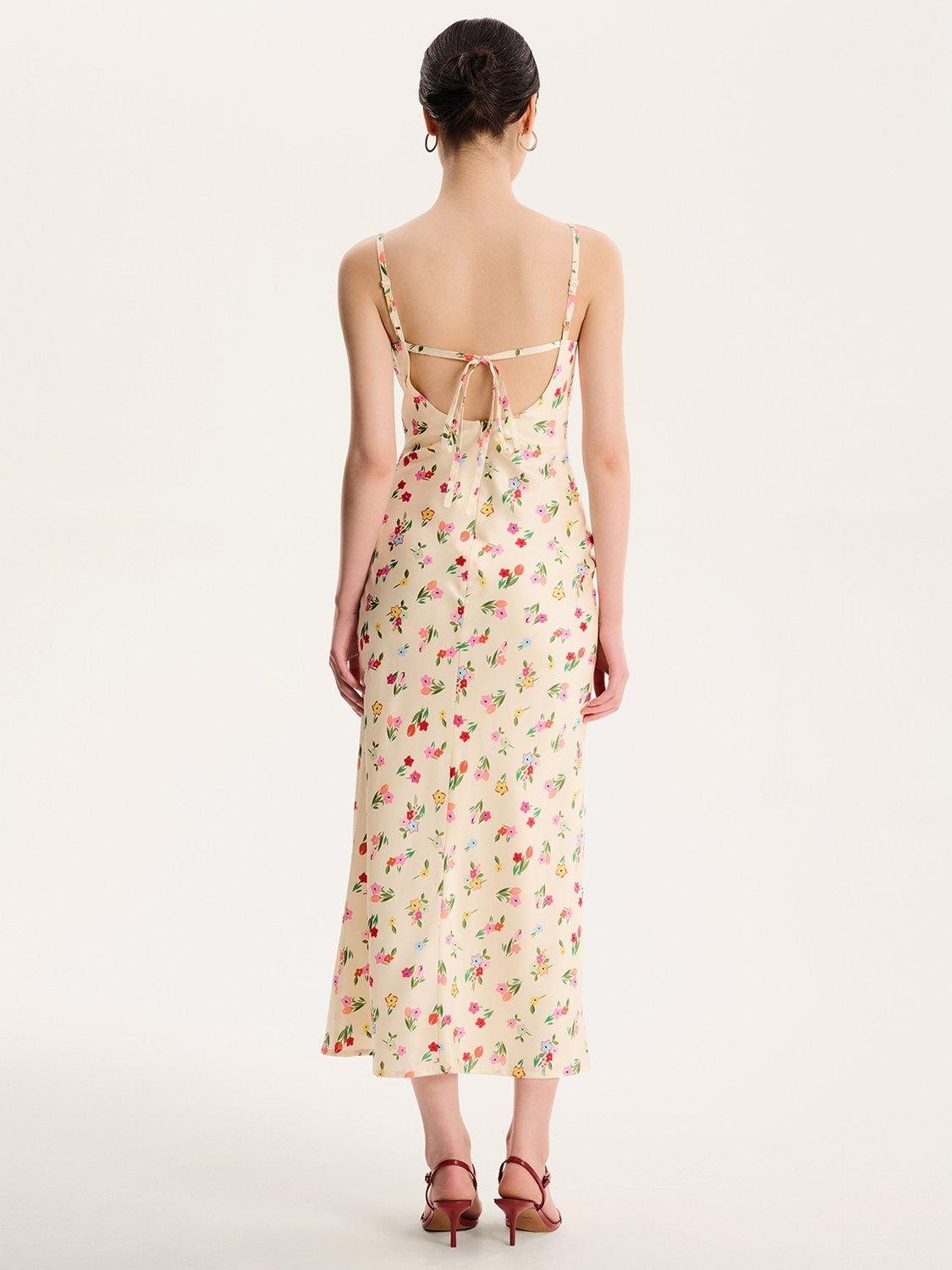 Product image 3 of 5, which shows OMNES Belle Cowl Neck Floral Satin Dress, Yellow/Multi, 4
