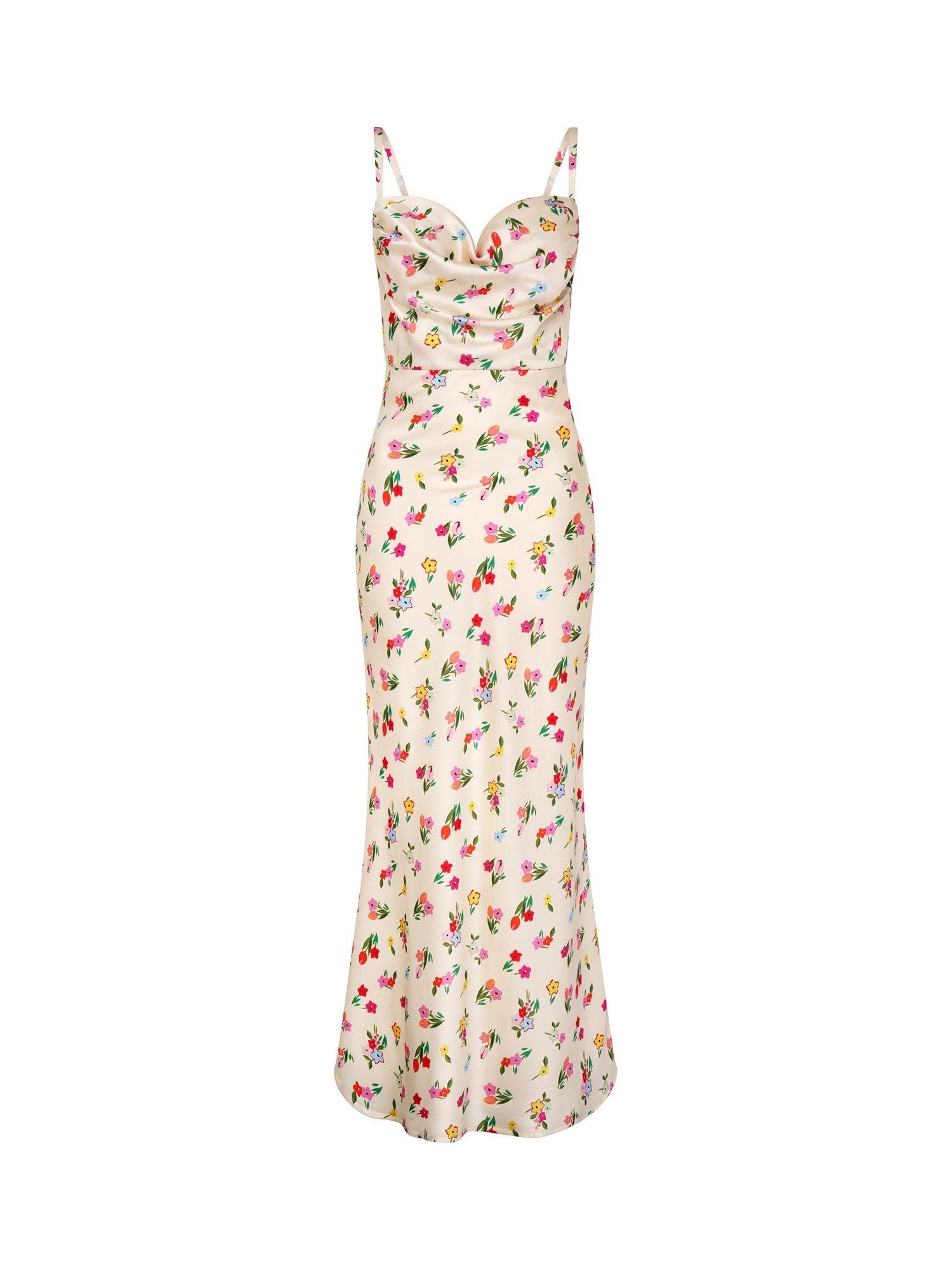 Product image 5 of 5, which shows OMNES Belle Cowl Neck Floral Satin Dress, Yellow/Multi, 4
