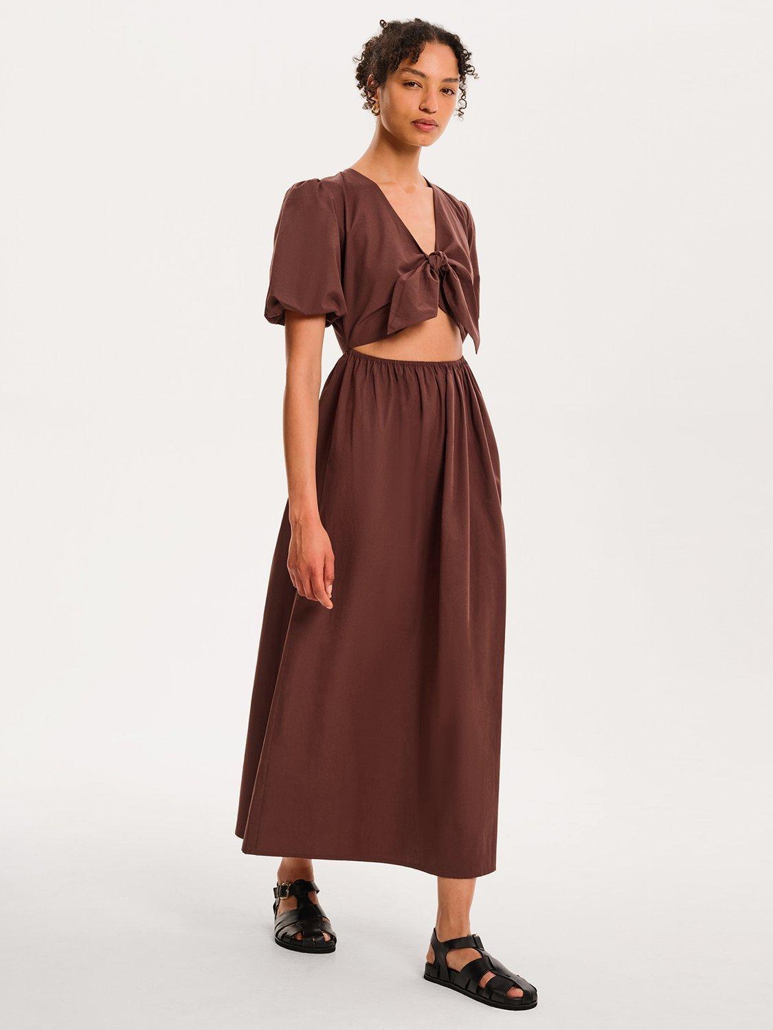 Product image 2 of 5, which shows OMNES Joy Tie Front Midi Dress, Brown, 4