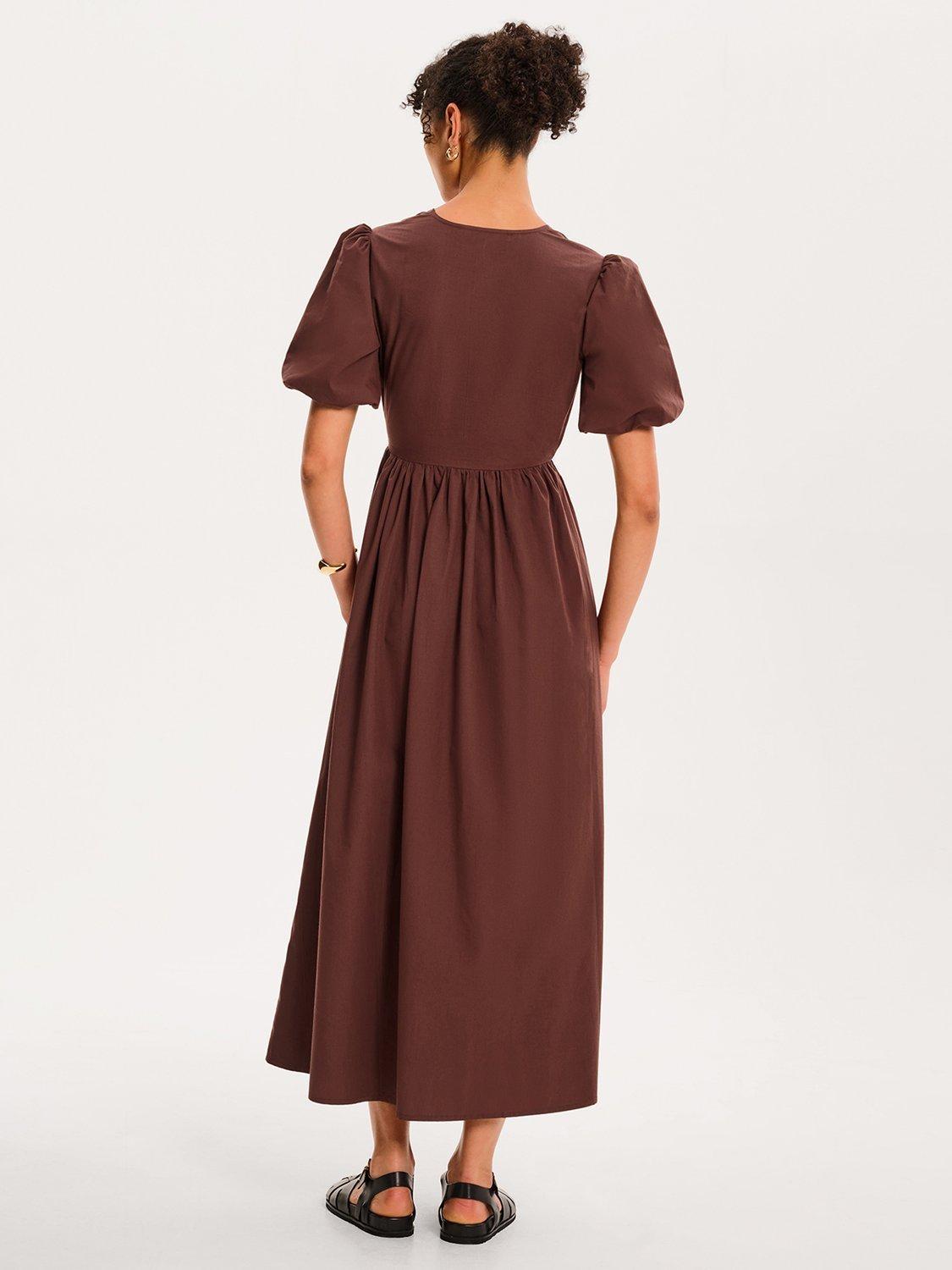 Product image 3 of 5, which shows OMNES Joy Tie Front Midi Dress, Brown, 4