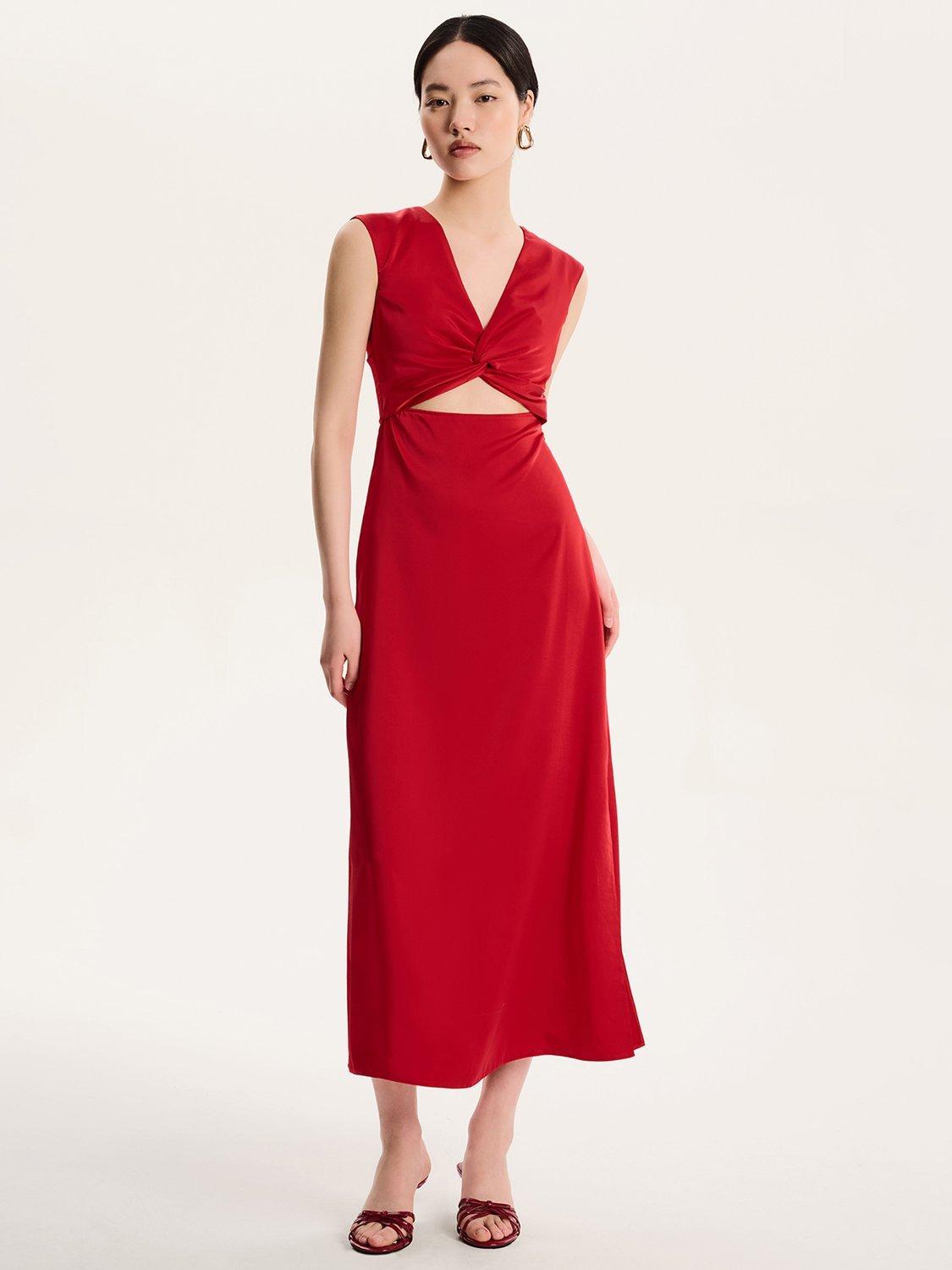 Product image 1 of 5, which shows OMNES Marin Twist Front Satin Midi Dress, Red, 4
