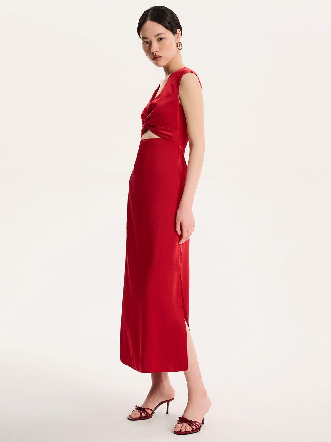 Product image 2 of 5, which shows OMNES Marin Twist Front Satin Midi Dress, Red, 4