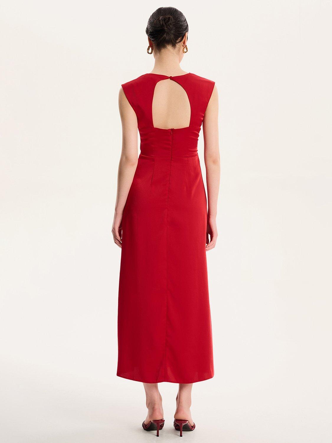 Product image 3 of 5, which shows OMNES Marin Twist Front Satin Midi Dress, Red, 4