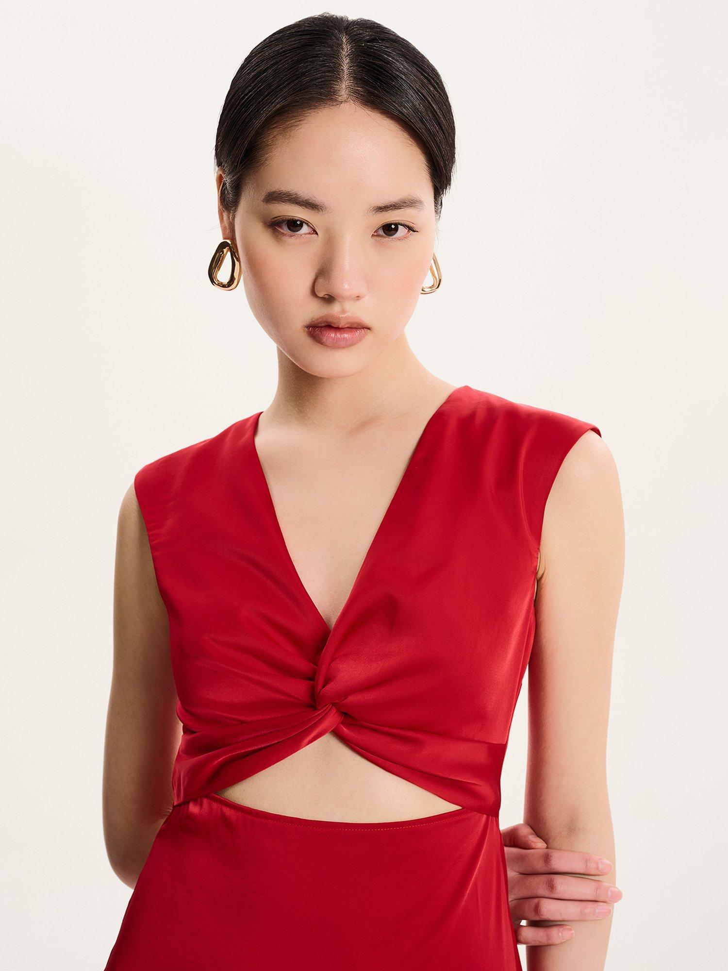 Product image 5 of 5, which shows OMNES Marin Twist Front Satin Midi Dress, Red, 4