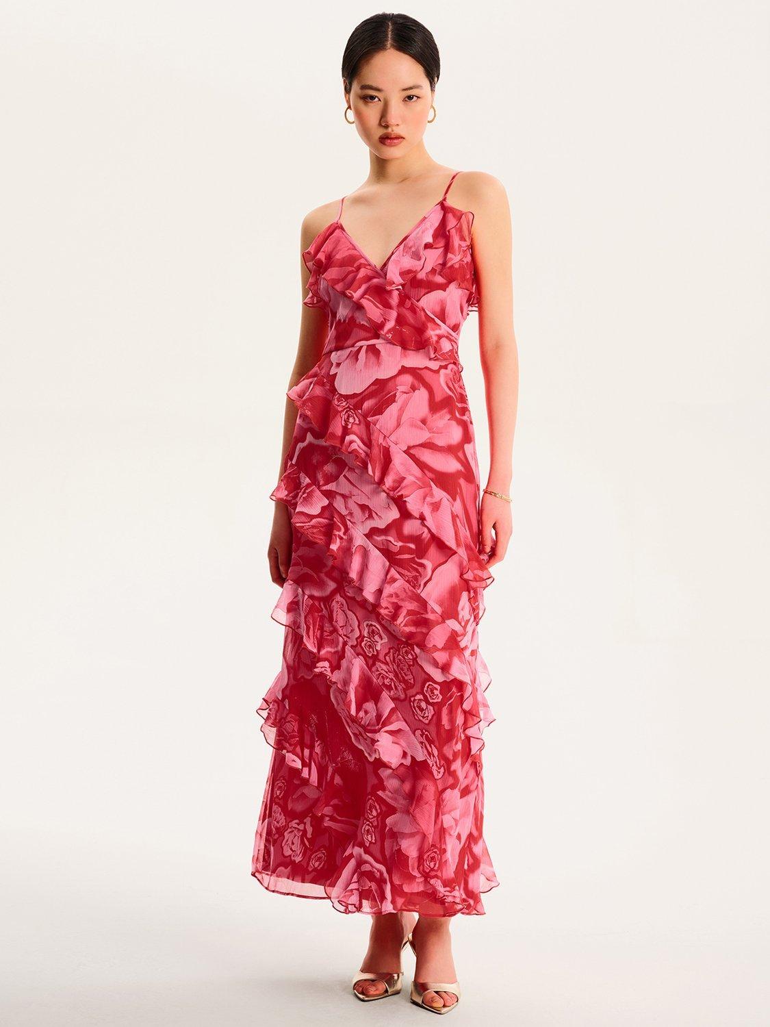 Product image 2 of 5, which shows OMNES Missy Floral Ruffle Dress, Red, 6