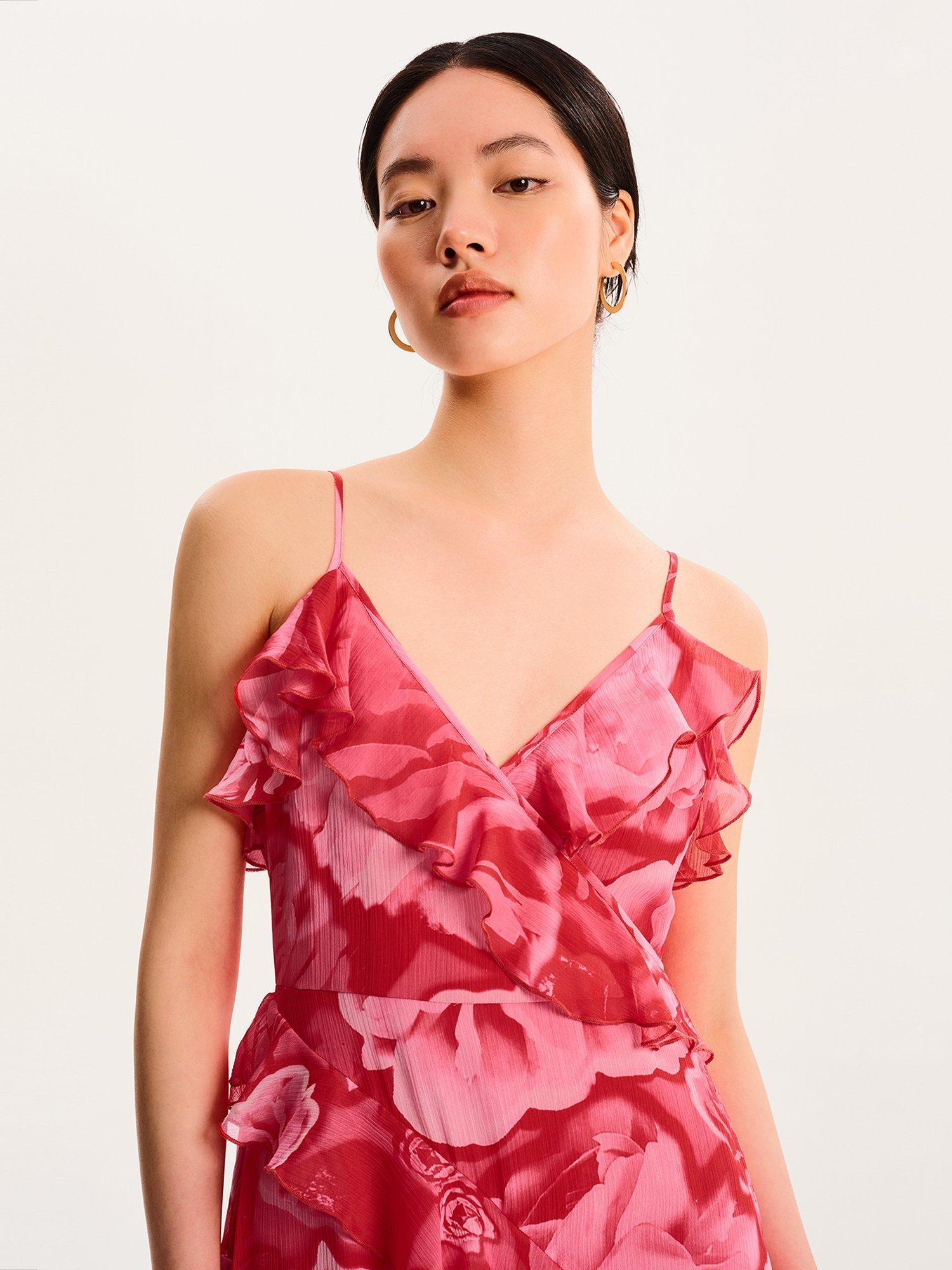 Product image 4 of 5, which shows OMNES Missy Floral Ruffle Dress, Red, 6