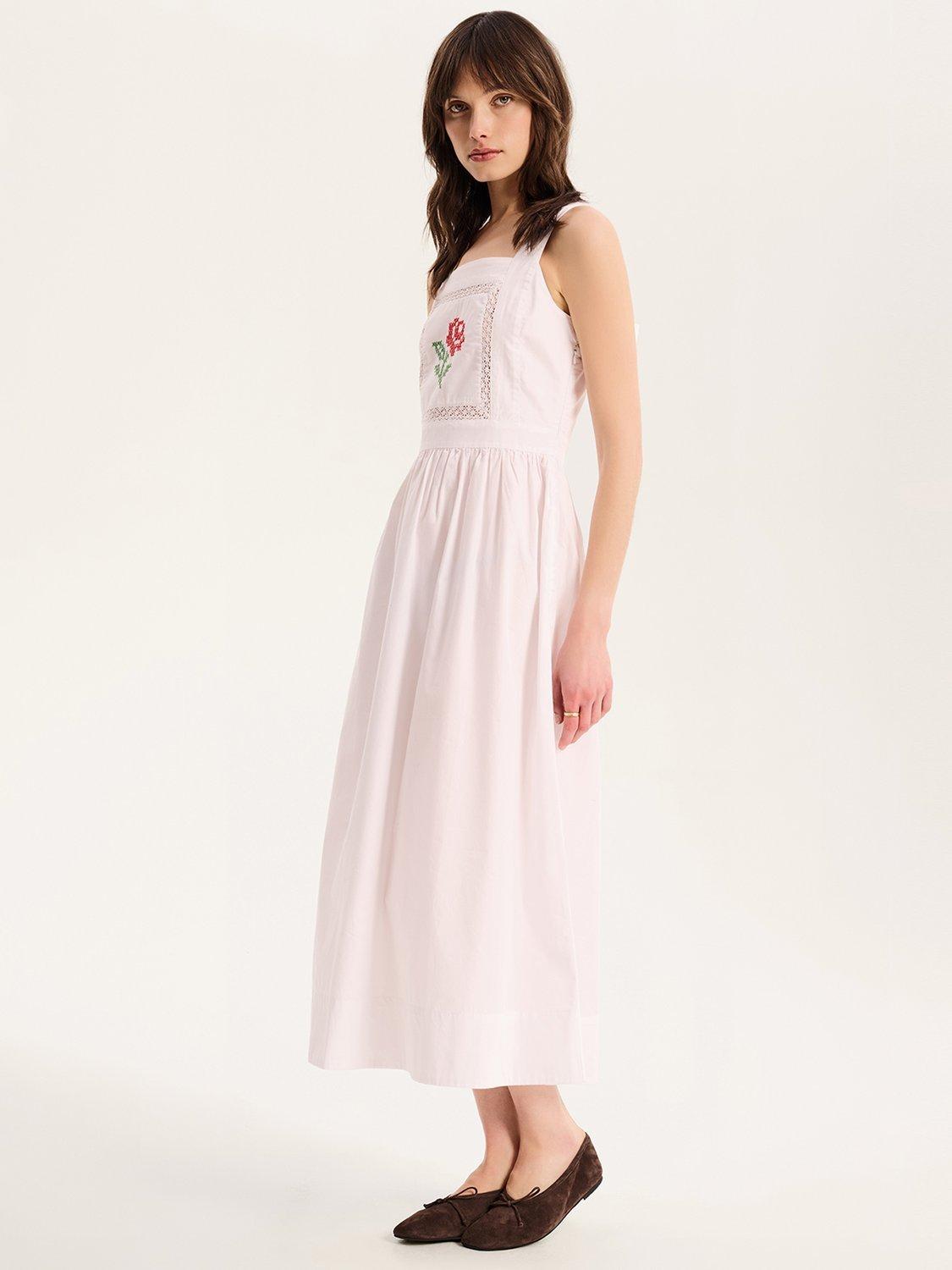 Product image 2 of 5, which shows OMNES Rosabella Rose Embroidered Lace Panel Cotton Apron Dress, White, 4