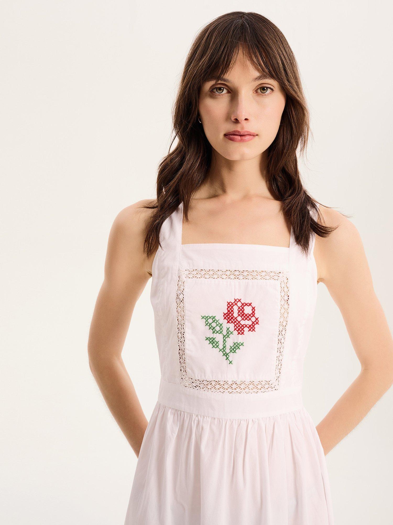 Product image 3 of 5, which shows OMNES Rosabella Rose Embroidered Lace Panel Cotton Apron Dress, White, 4