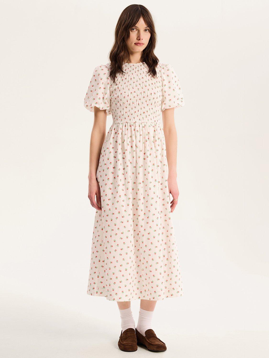 Product image 1 of 5, which shows OMNES Terri Shirred Floral Midi Dress, White, 6