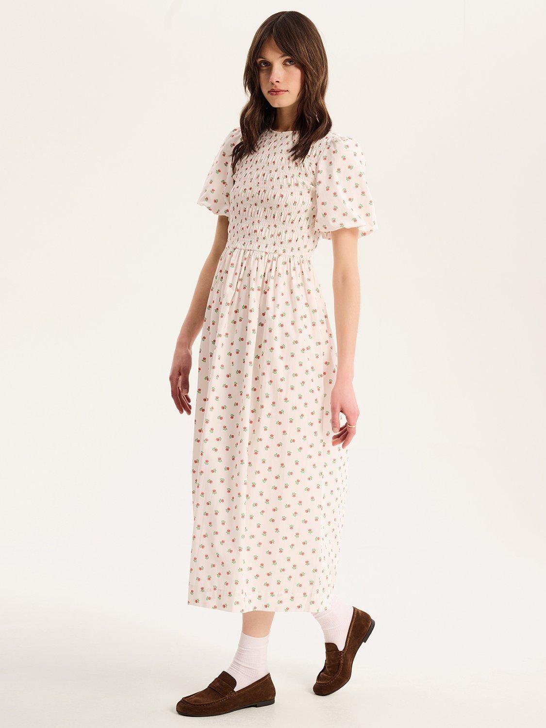 Product image 2 of 5, which shows OMNES Terri Shirred Floral Midi Dress, White, 6