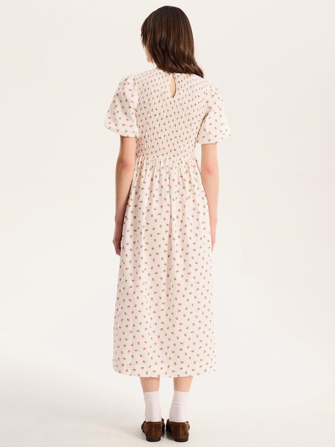 Product image 3 of 5, which shows OMNES Terri Shirred Floral Midi Dress, White, 6