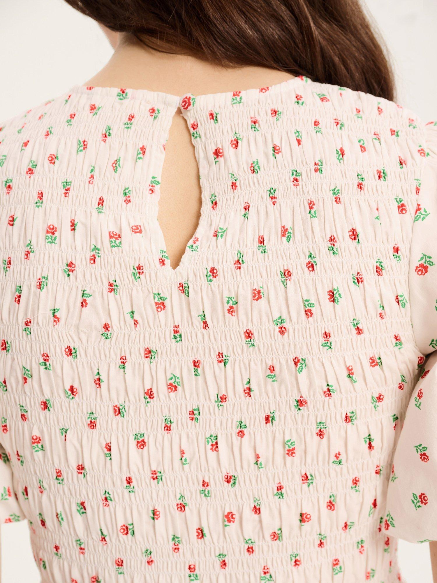 Product image 4 of 5, which shows OMNES Terri Shirred Floral Midi Dress, White, 6