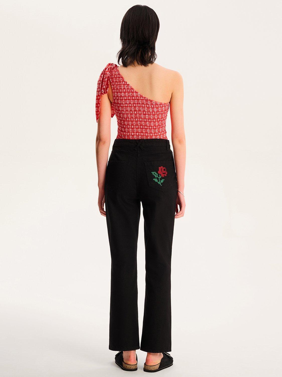 Product image 3 of 5, which shows OMNES Sarah Jane Rose Embroidery Adorned Cotton Denim Flare Jeans, Black, 6