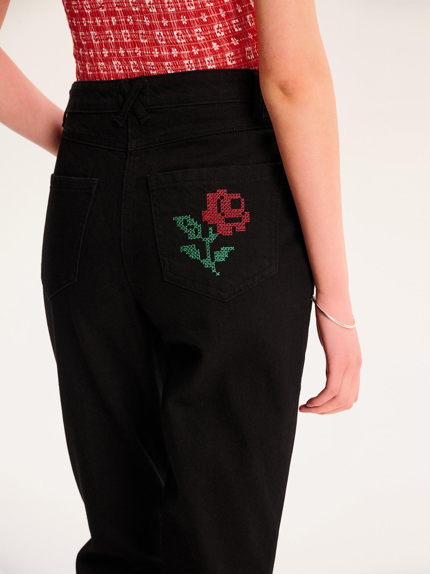 Product image 4 of 5, which shows OMNES Sarah Jane Rose Embroidery Adorned Cotton Denim Flare Jeans, Black, 6