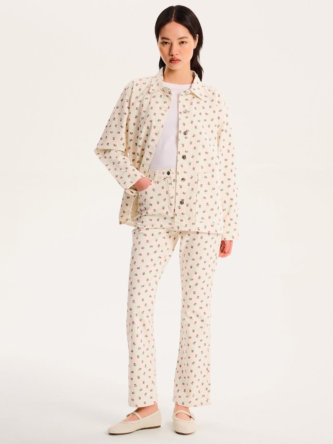 Product image 1 of 5, which shows OMNES Sarah Jane Rose Print Cotton Ecru Denim Jeans, White, 6