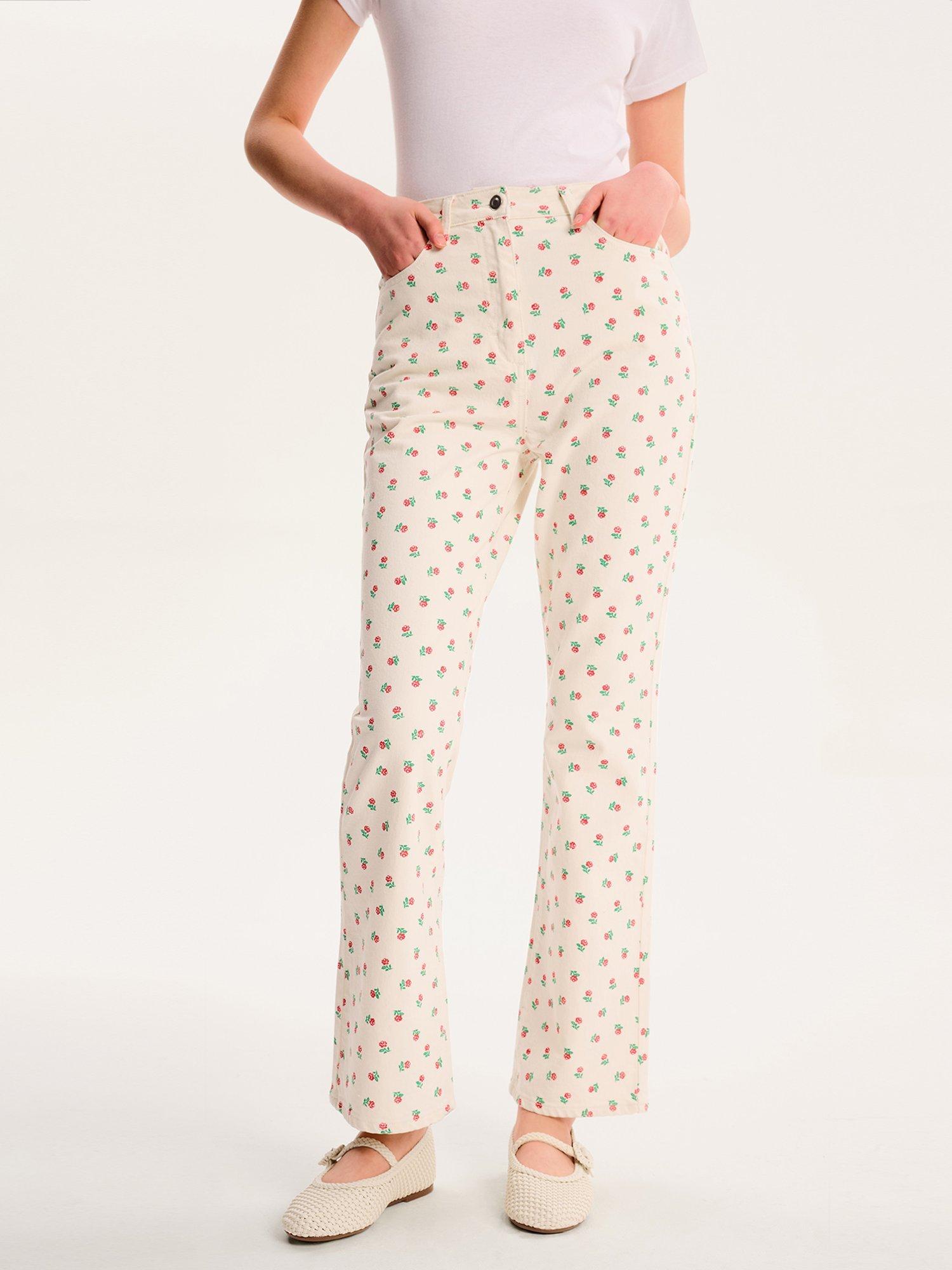 Product image 4 of 5, which shows OMNES Sarah Jane Rose Print Cotton Ecru Denim Jeans, White, 6