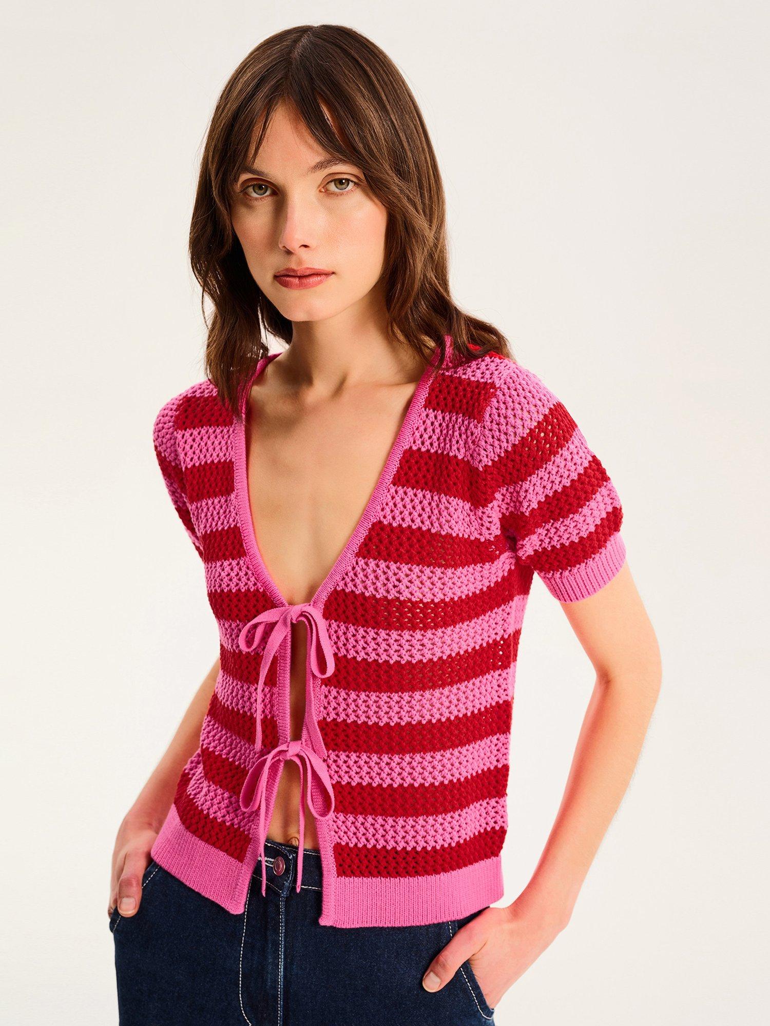Product image 4 of 5, which shows OMNES Harper Crochet Tie Top, Pink/Red, XS