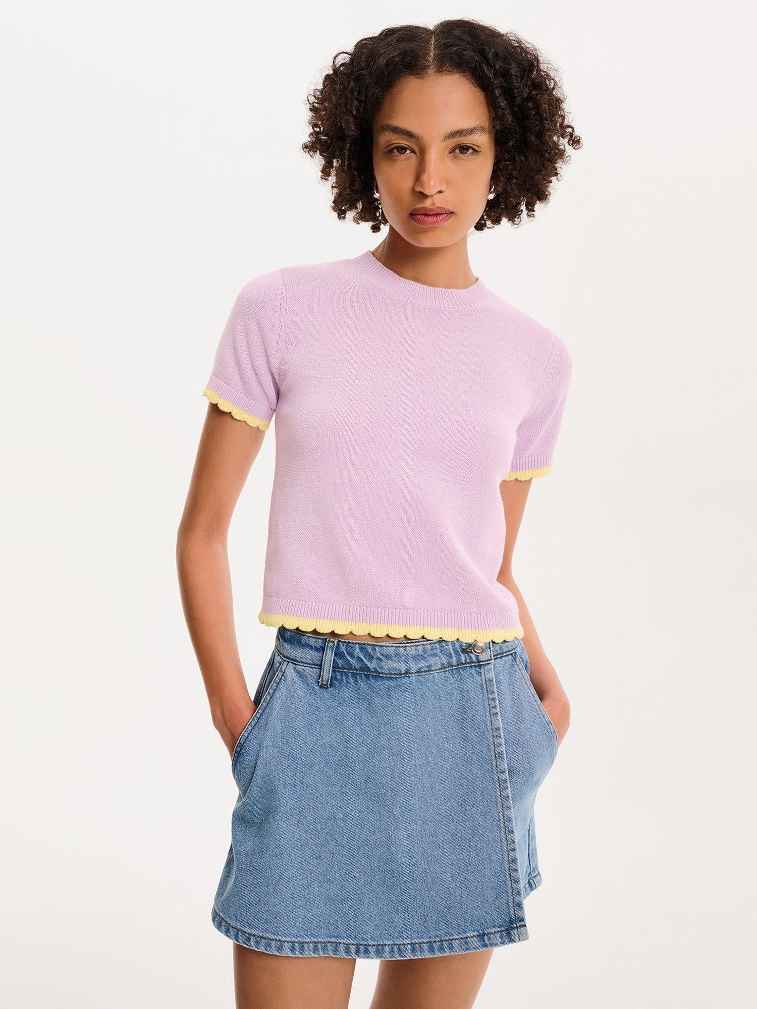 Product image 4 of 5, which shows OMNES Maddox Scallop Trim Short Sleeve Jumper, Lilac, XS
