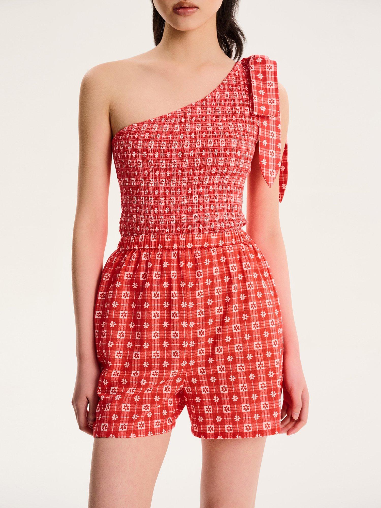 Product image 4 of 5, which shows OMNES Joshua Gingham Floral Shorts, Red, 6