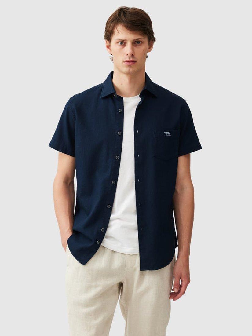 Product image 1 of 3, which shows Rodd & Gunn Airtex Textured Cotton Slim Fit Short Sleeve Shirt, Ink, XS