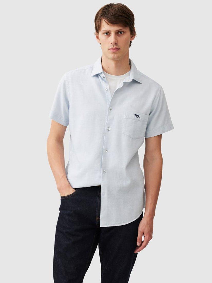 Product image 1 of 3, which shows Rodd & Gunn Airtex Textured Cotton Slim Fit Short Sleeve Shirt, Sky, S