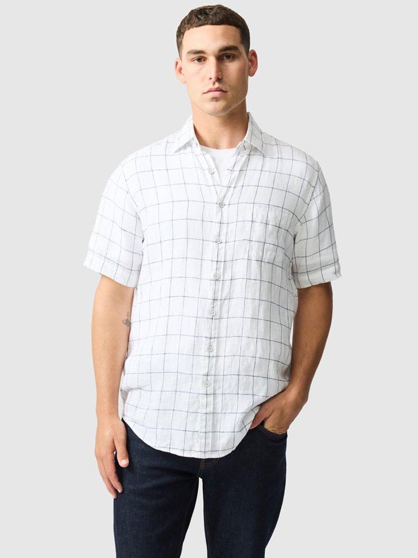 Product image 1 of 6, which shows Rodd & Gunn Avonden Check Linen Regular Fit Short Sleeve Shirt, Ivory, XS