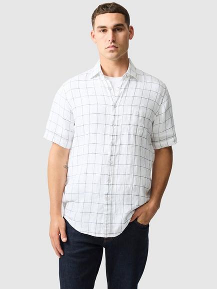 Rodd & Gunn Avonden Check Linen Regular Fit Short Sleeve Shirt, Ivory, Ivory