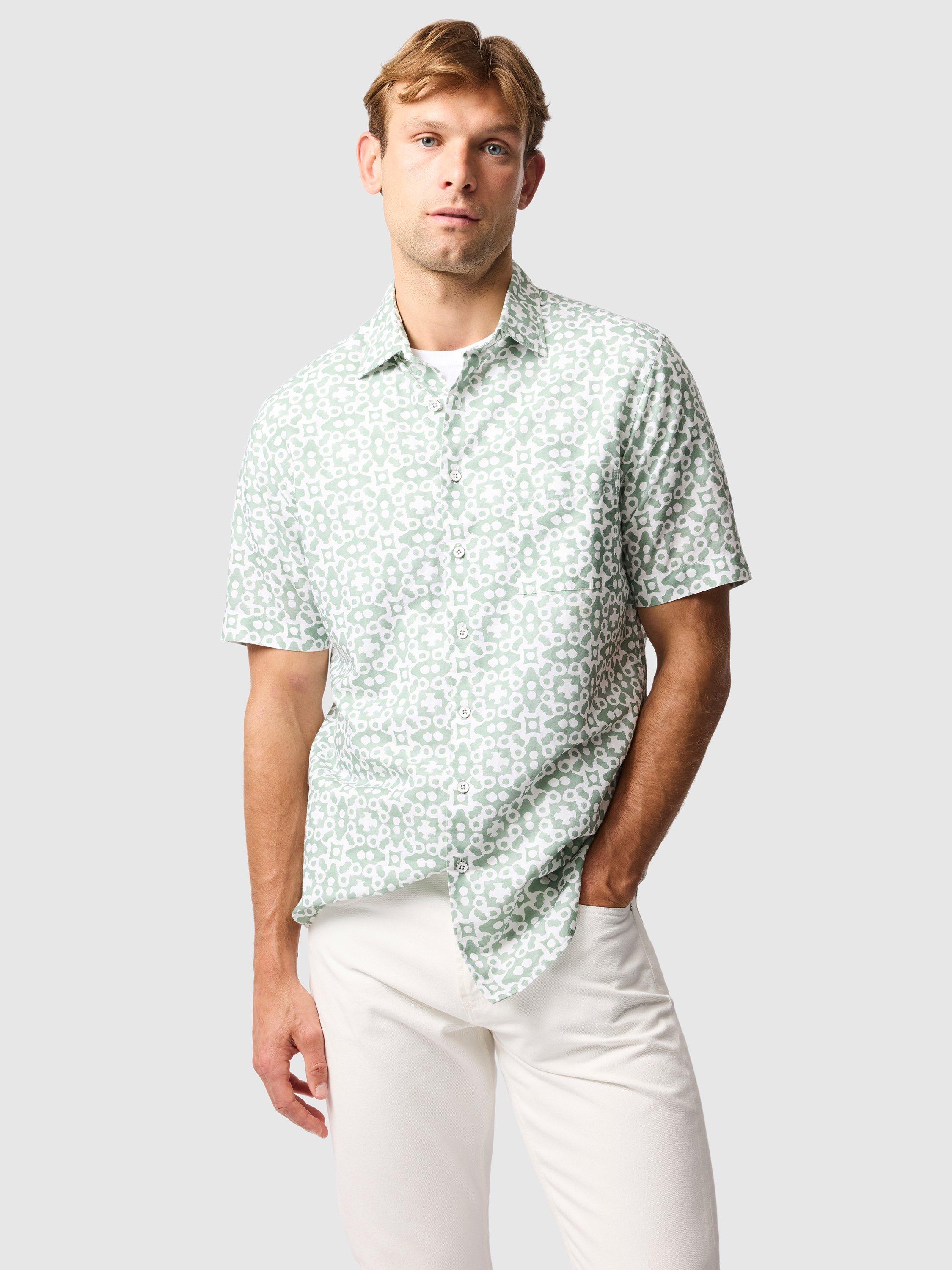 Product image 1 of 5, which shows Rodd & Gunn Palliser Bay Geo Print Linen Blend Regular Fit Short Sleeve Shirt, Sage, XS