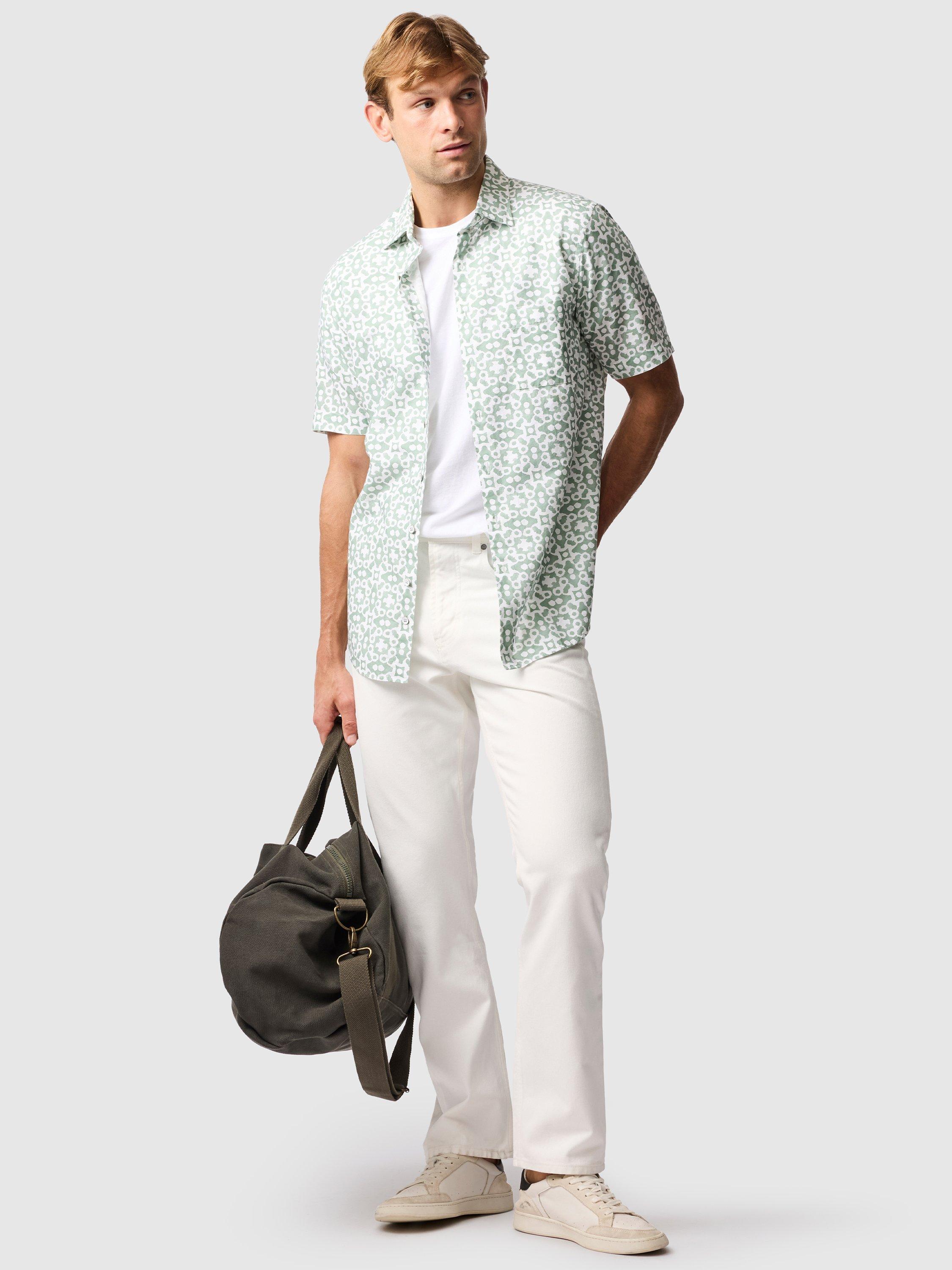 Product image 2 of 5, which shows Rodd & Gunn Palliser Bay Geo Print Linen Blend Regular Fit Short Sleeve Shirt, Sage, XS