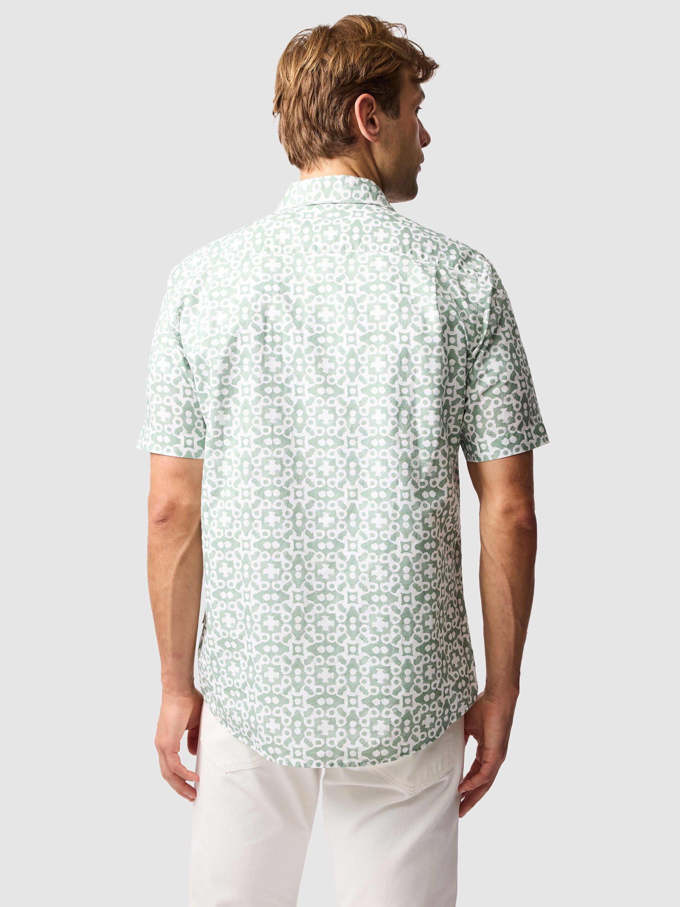Product image 3 of 5, which shows Rodd & Gunn Palliser Bay Geo Print Linen Blend Regular Fit Short Sleeve Shirt, Sage, XS