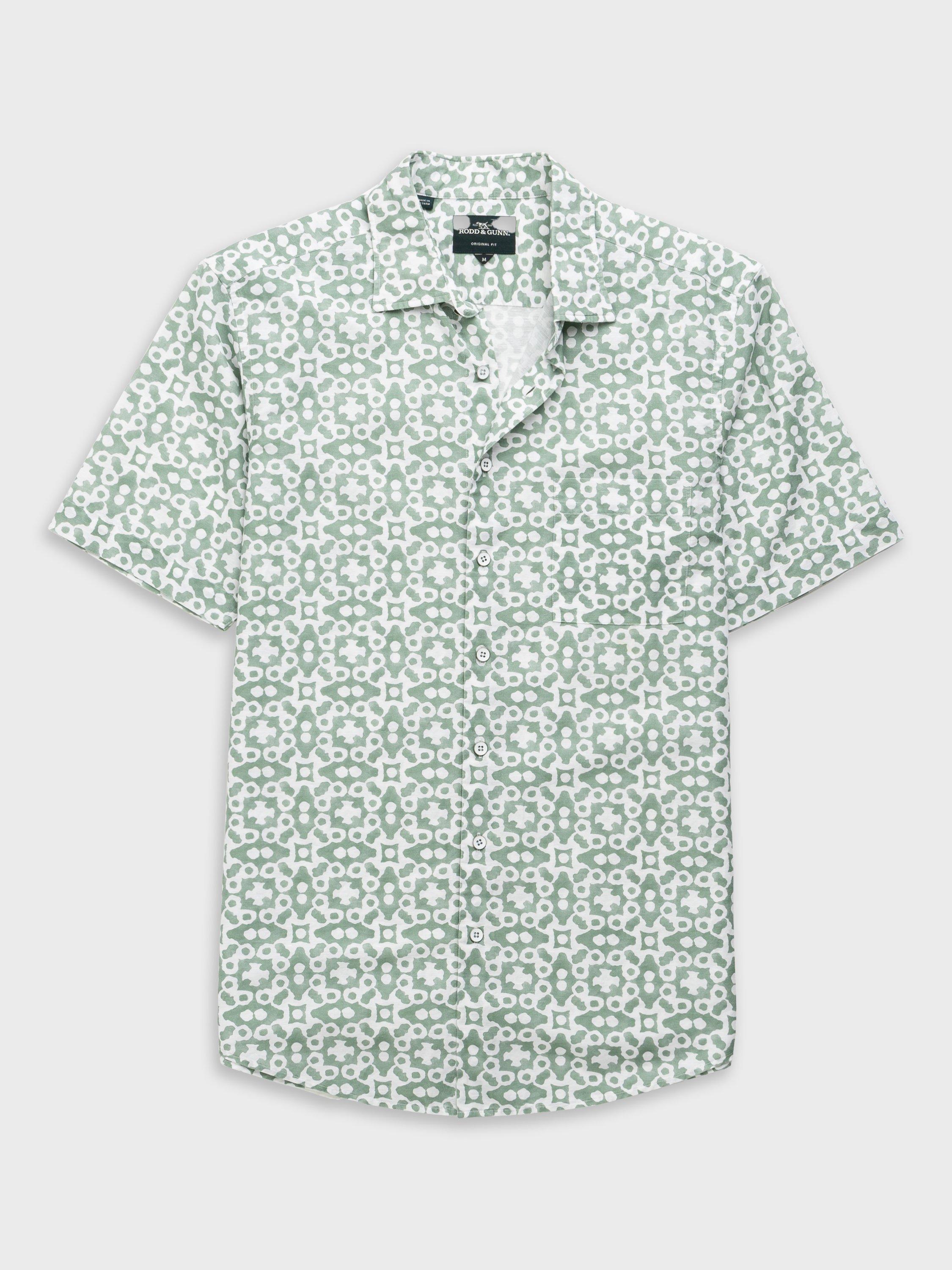 Product image 4 of 5, which shows Rodd & Gunn Palliser Bay Geo Print Linen Blend Regular Fit Short Sleeve Shirt, Sage, XS