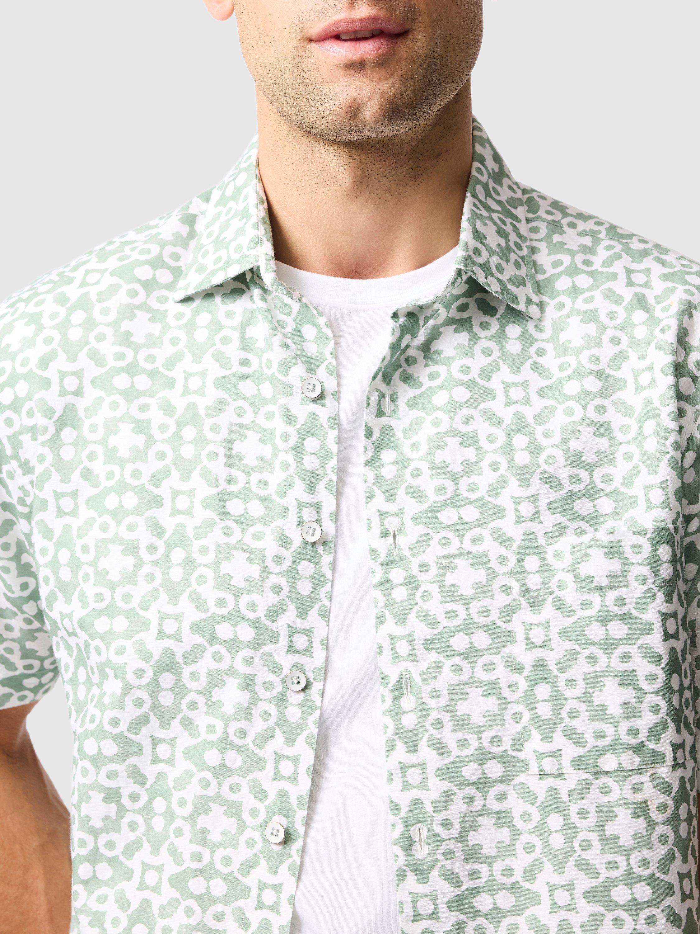 Product image 5 of 5, which shows Rodd & Gunn Palliser Bay Geo Print Linen Blend Regular Fit Short Sleeve Shirt, Sage, XS