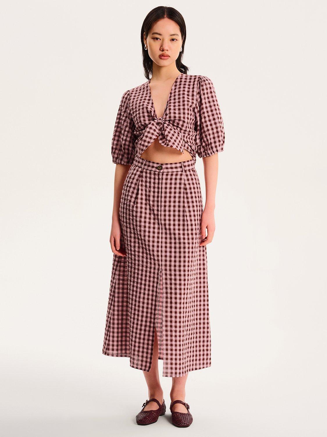 Product image 1 of 5, which shows OMNES Olive Gingham Midi Skirt, Pink, 6