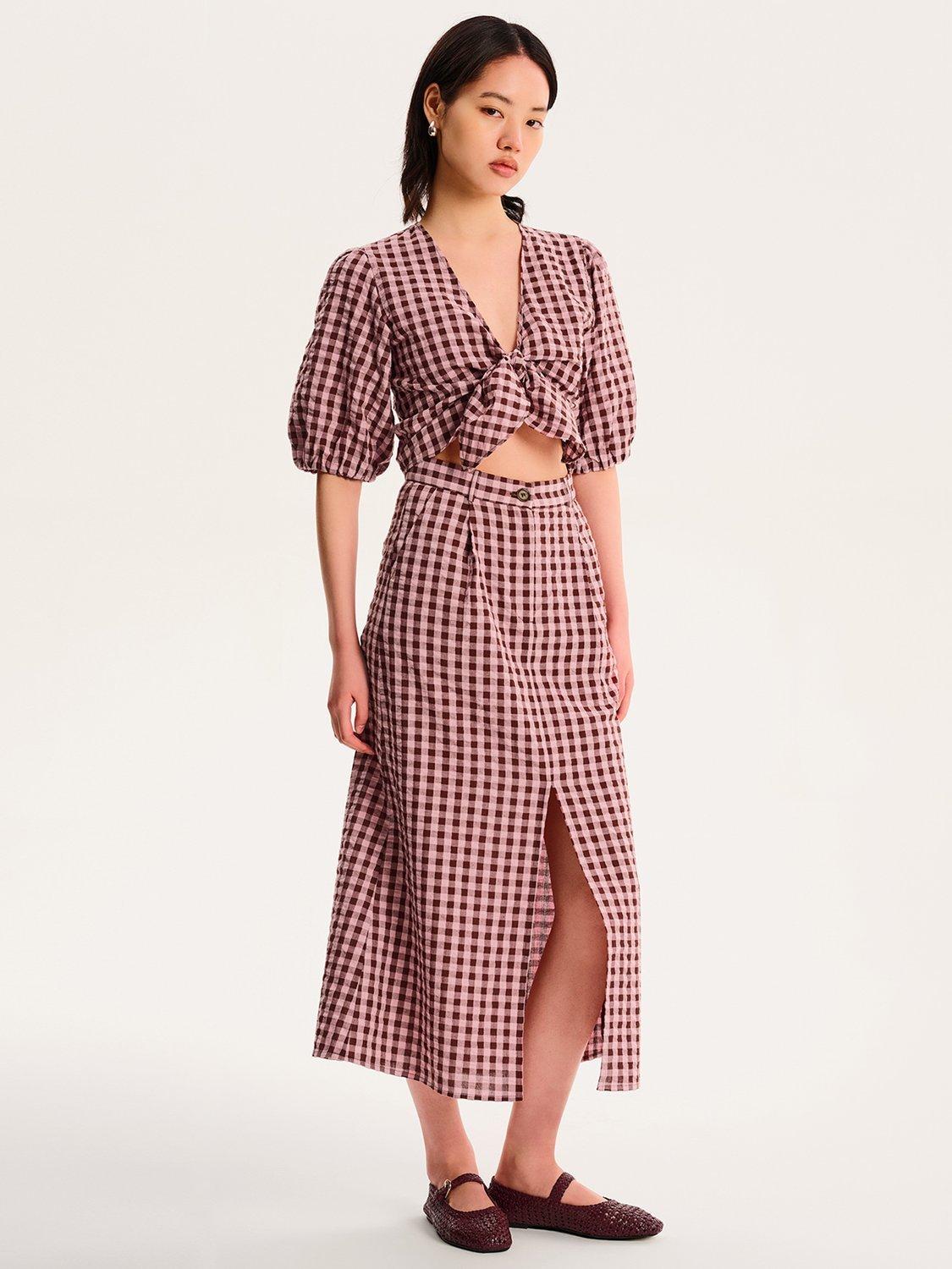 Product image 2 of 5, which shows OMNES Olive Gingham Midi Skirt, Pink, 6