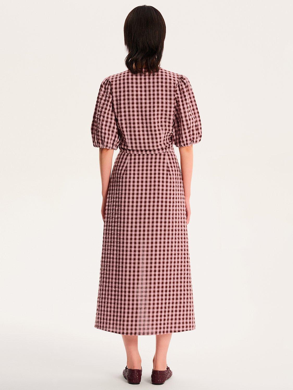 Product image 3 of 5, which shows OMNES Olive Gingham Midi Skirt, Pink, 6
