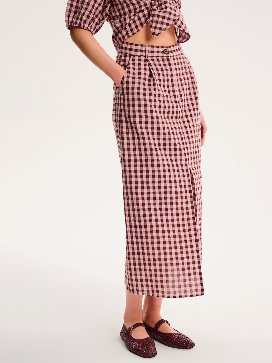 Product image 4 of 5, which shows OMNES Olive Gingham Midi Skirt, Pink, 6