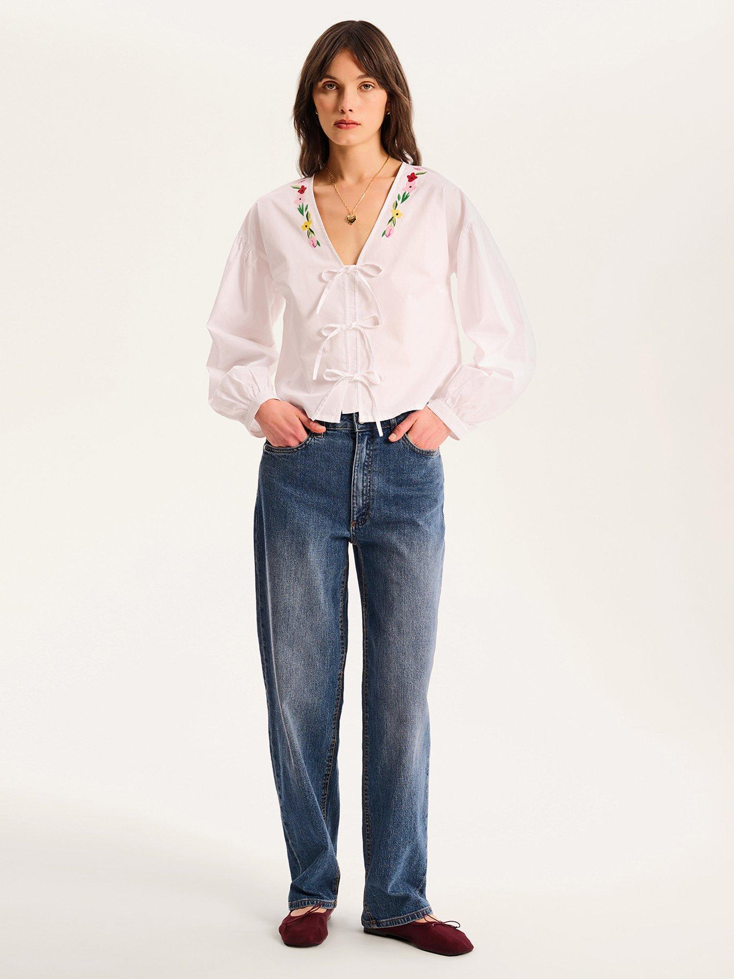 Product image 1 of 5, which shows OMNES Annaka Embroidered Floral Top, White, 4