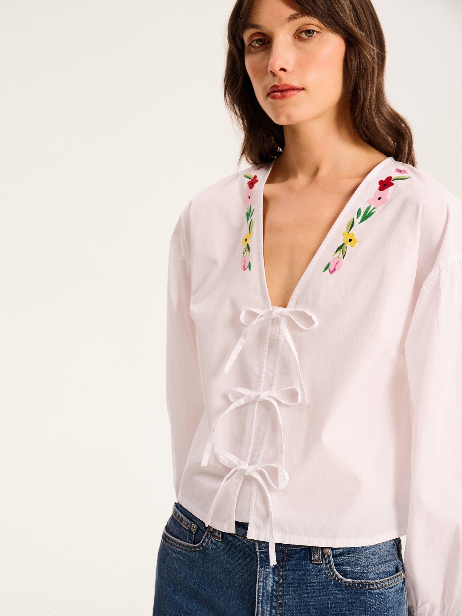 Product image 4 of 5, which shows OMNES Annaka Embroidered Floral Top, White, 4