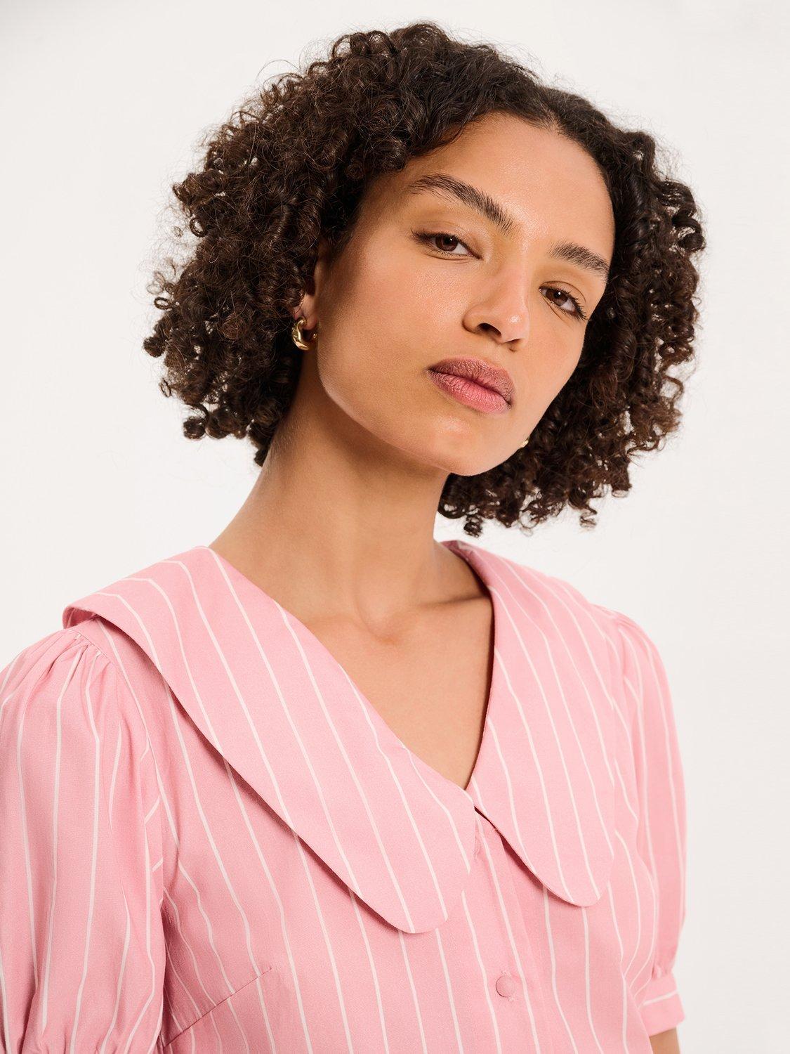 Product image 4 of 5, which shows OMNES Kyra Peter Pan Collar Stripe Shirt, Pink, 4
