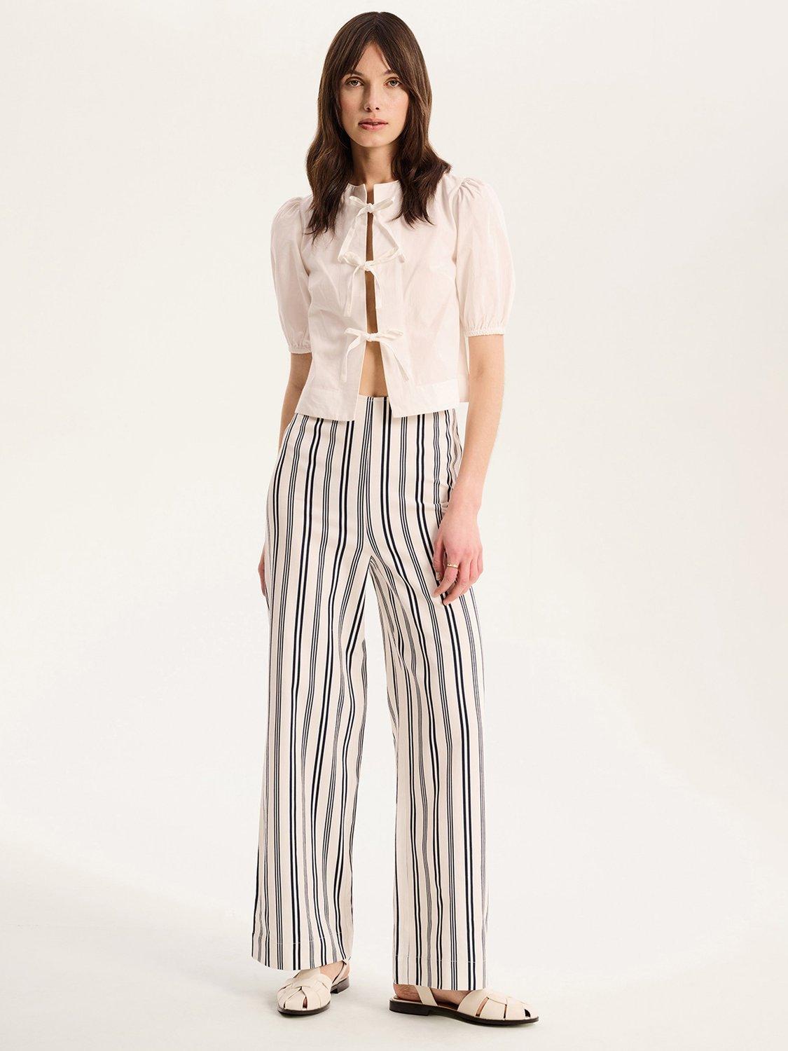 Product image 1 of 5, which shows OMNES Tommy Striped High Waist Palazzo Cotton Trousers, White, 6